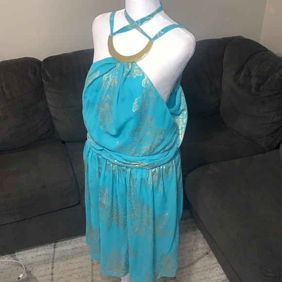 Turquoise around the neck open back dress - Picture 4 of 9